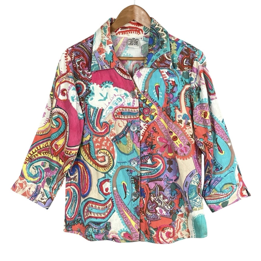 Parsley & Sage Colorful Paisley Button Up Top Women S 3/4 Sleeves Statement Boho
